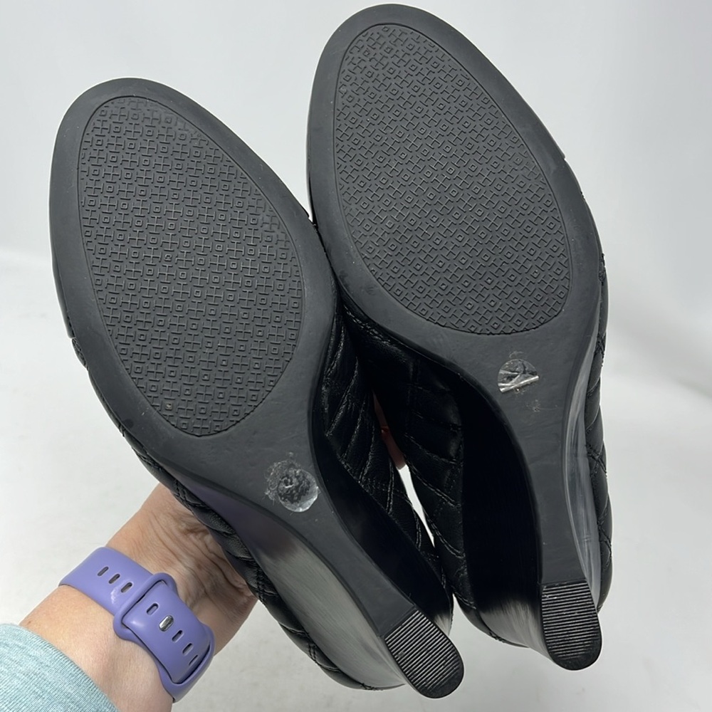 Tory Burch Black Quilted Leather Wedge Pumps - Picture 14 of 16